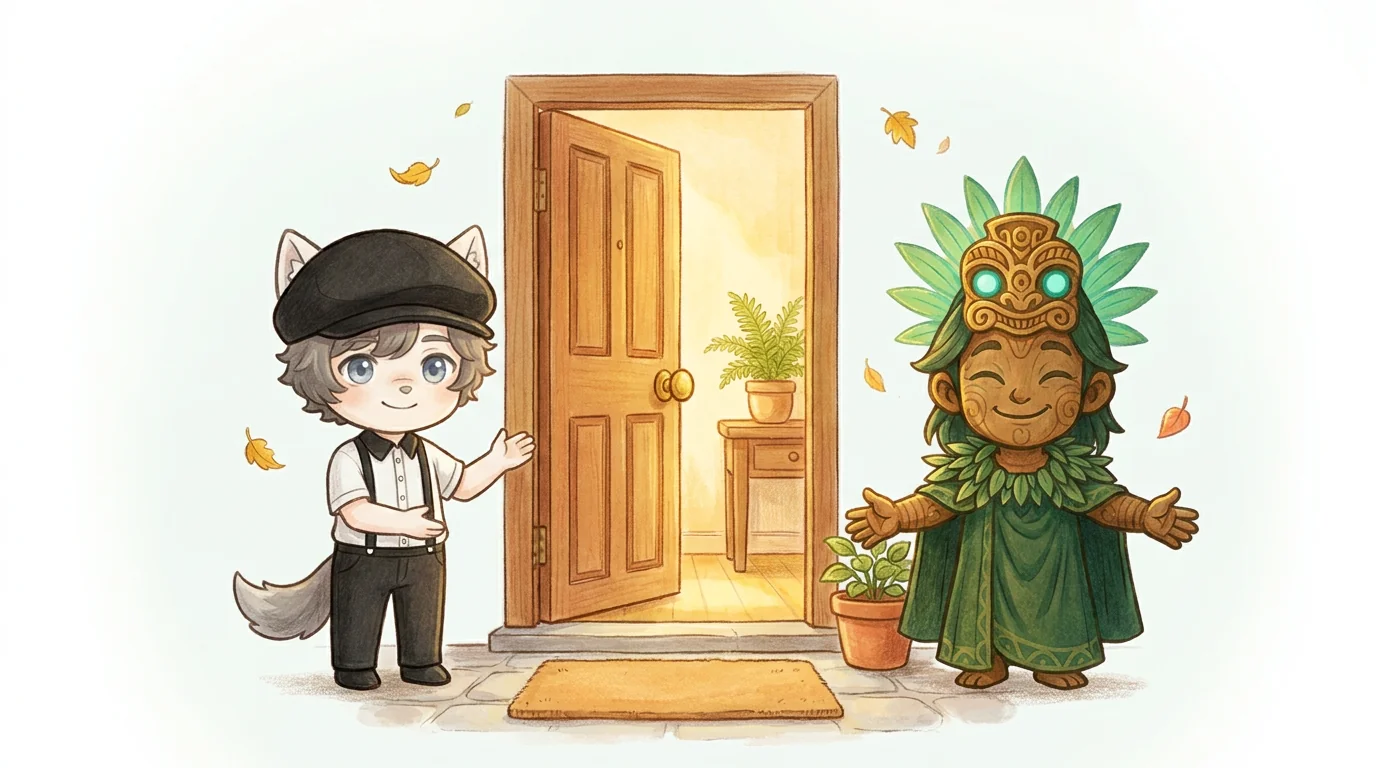 開いた扉の前で、テトとTikiが「どうぞ」と笑顔で迎え入れているイラスト