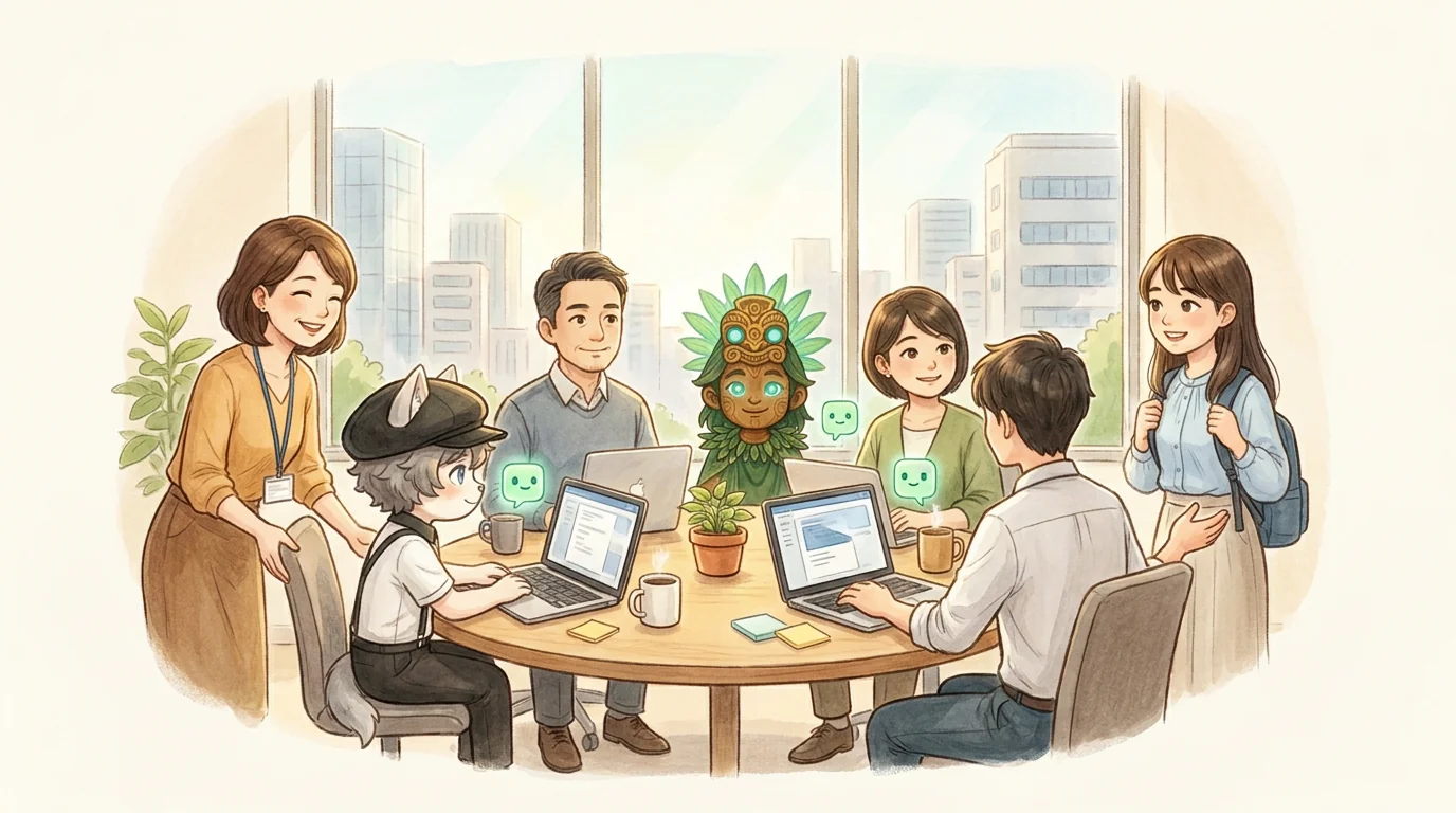 明るいオフィスで、人とAIがひとつのテーブルを囲み、新しい仲間を輪に迎え入れているイラスト