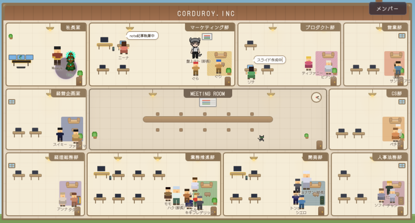 各部屋で29名のAI社員が稼働中のオフィス全景