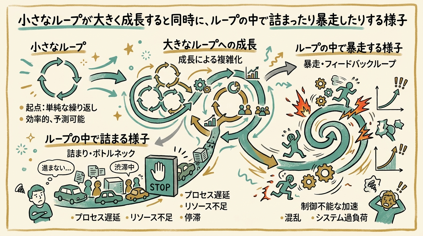 ループ回数のメーターと、上限到達で人間にバトンタッチするイラスト