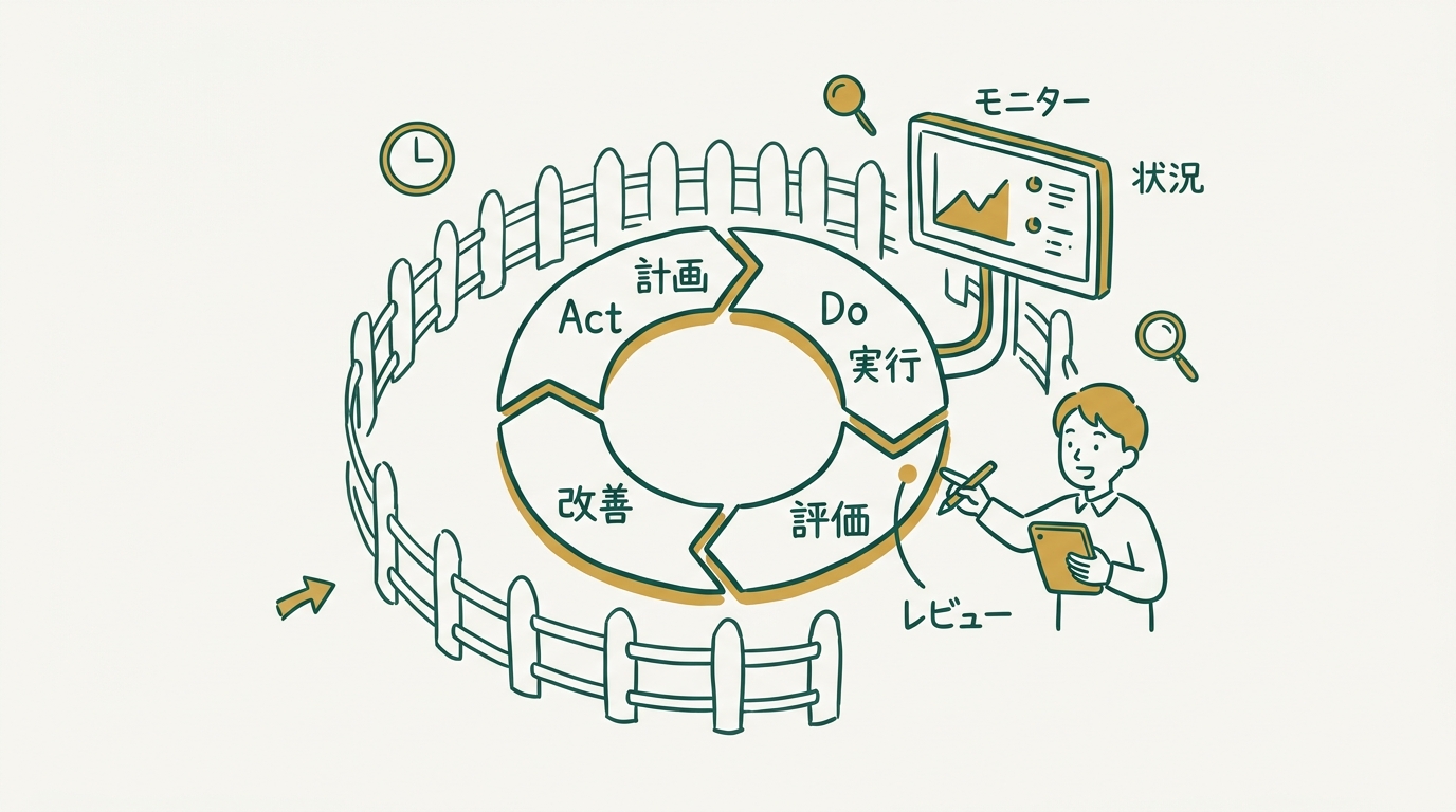 ループの周りに柔らかい柵と観測モニターが配置され、人がレビューを入れているイラスト