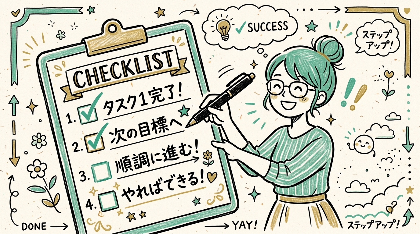 チェックリストにひとつずつチェックを入れているイラスト