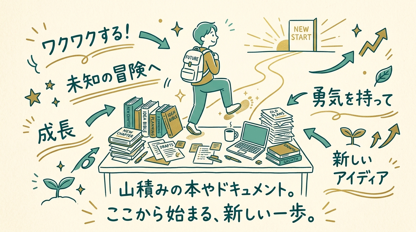 本やドキュメントが積まれた机に、新しい一歩を踏み出すイラスト