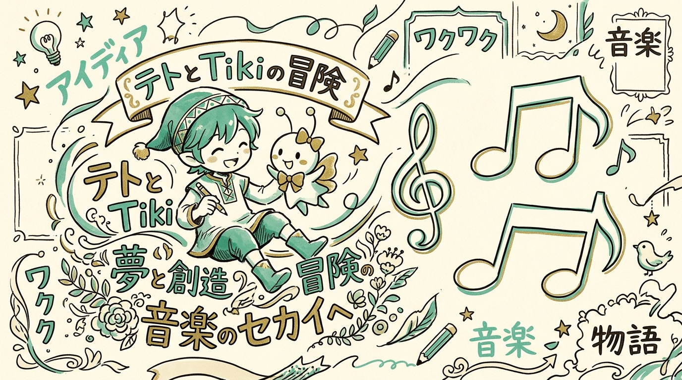 文字とイラストの中にいる盤上テトとTikiのそばに、まだ空っぽの音符マークが浮かんでいるイメージ
