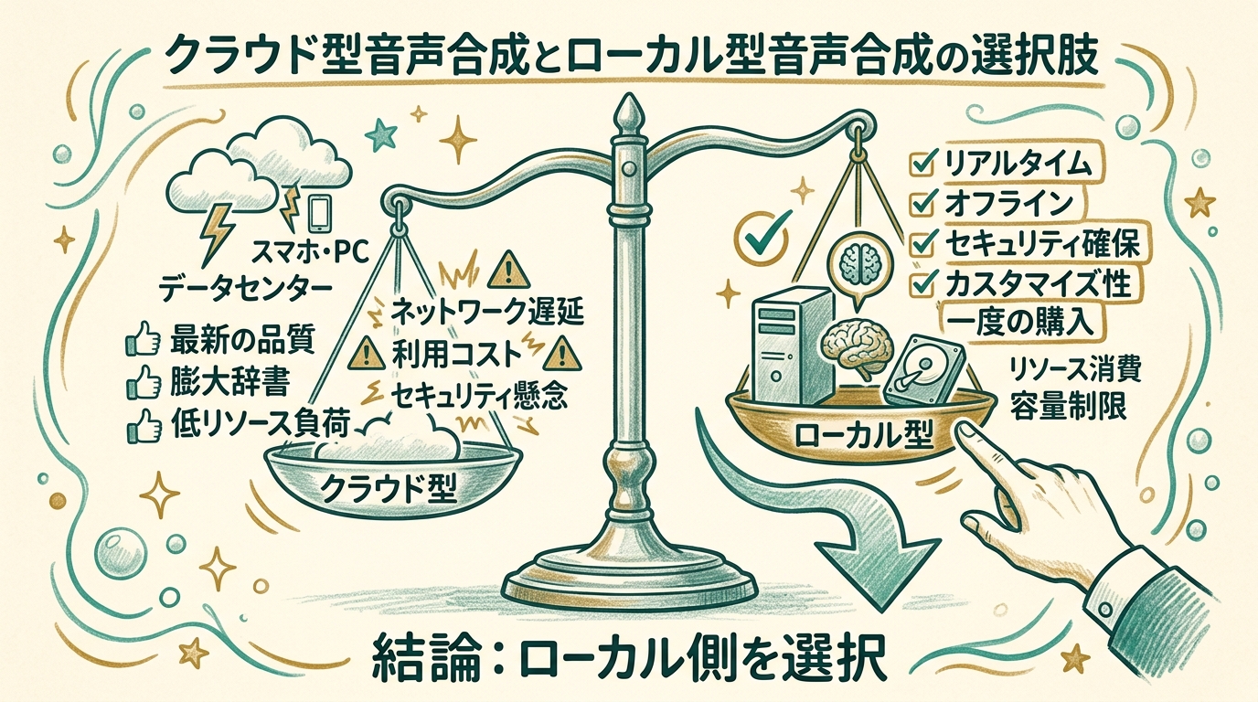 既製の合成音声と自前ボイスクローン、ふたつの選択肢を天秤にかけているイメージ