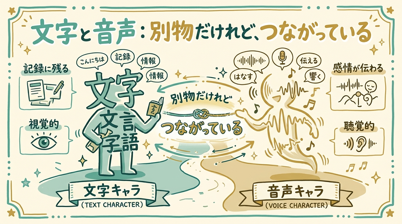 同じベース音声から、テトの明るい声とTikiの落ち着いた声、それぞれ別方向に分岐していくイメージ