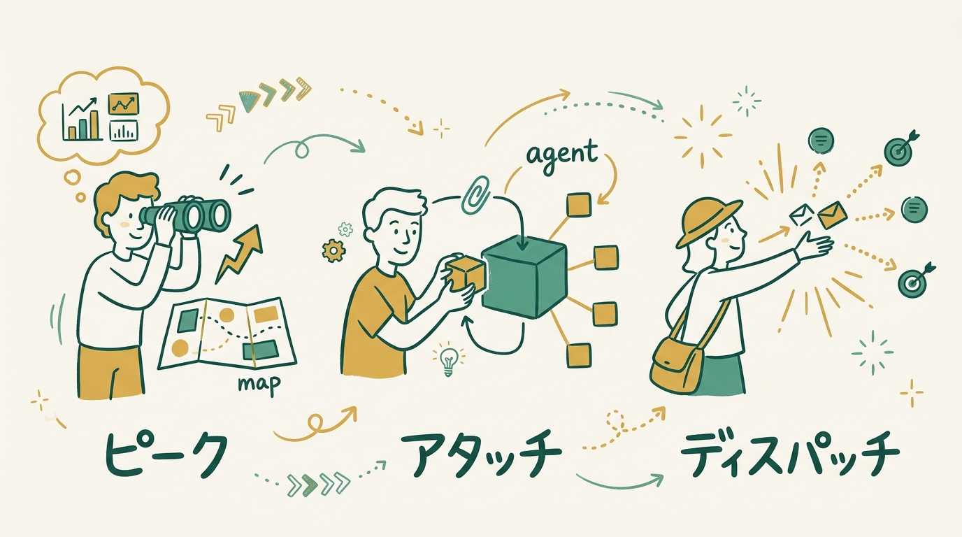 Agent Viewのピーク・アタッチ・ディスパッチという3つの基本操作のイメージ