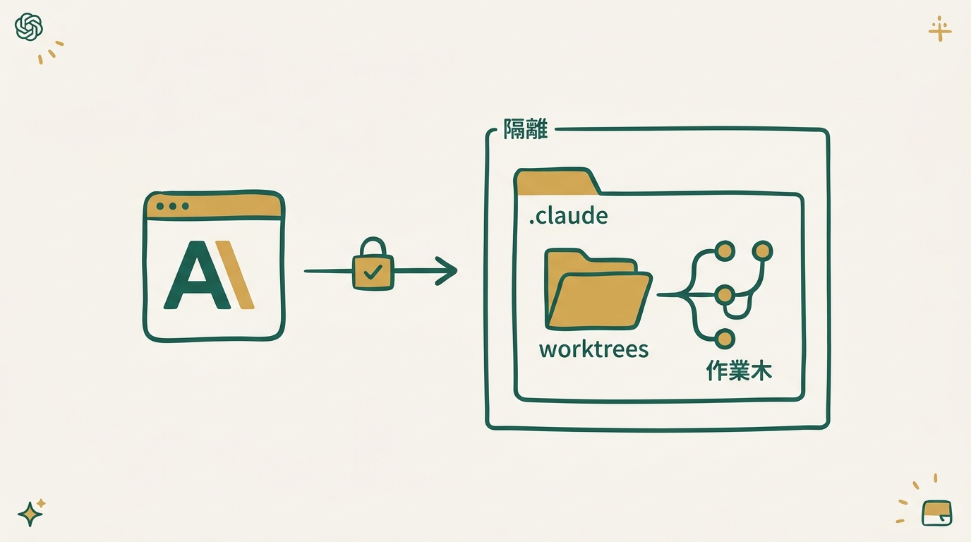 バックグラウンドセッションが .claude/worktrees/ 配下に独立したgit worktreeで動く隔離の仕組みのイメージ
