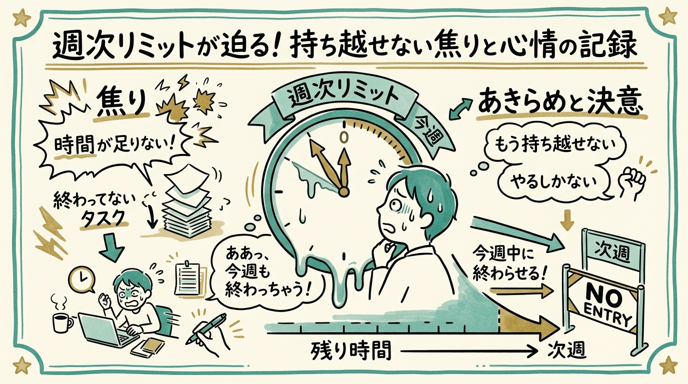次週に持ち越せない週次リミットが目の前で減っていくのを眺める心情のイメージ