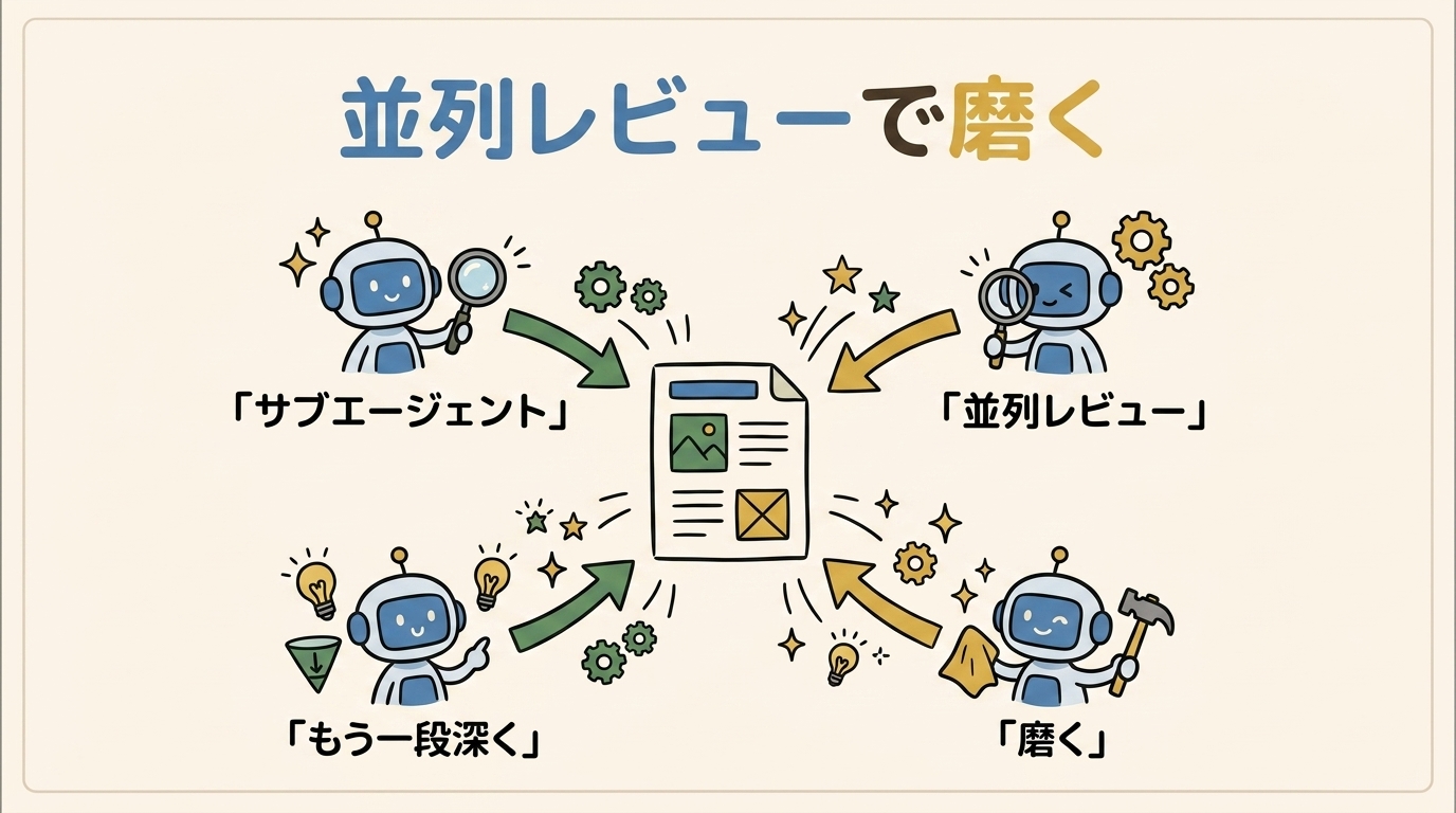 進行中のプロジェクトをサブエージェントで並列レビューし、もう一段深く磨くイメージ
