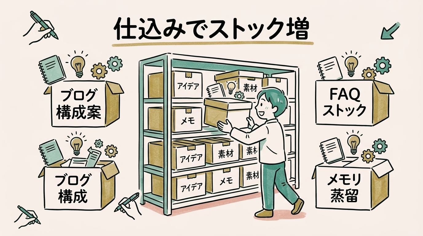 ブログ記事構成案・FAQストック・メモリ蒸留など仕込みでストックを増やすイメージ