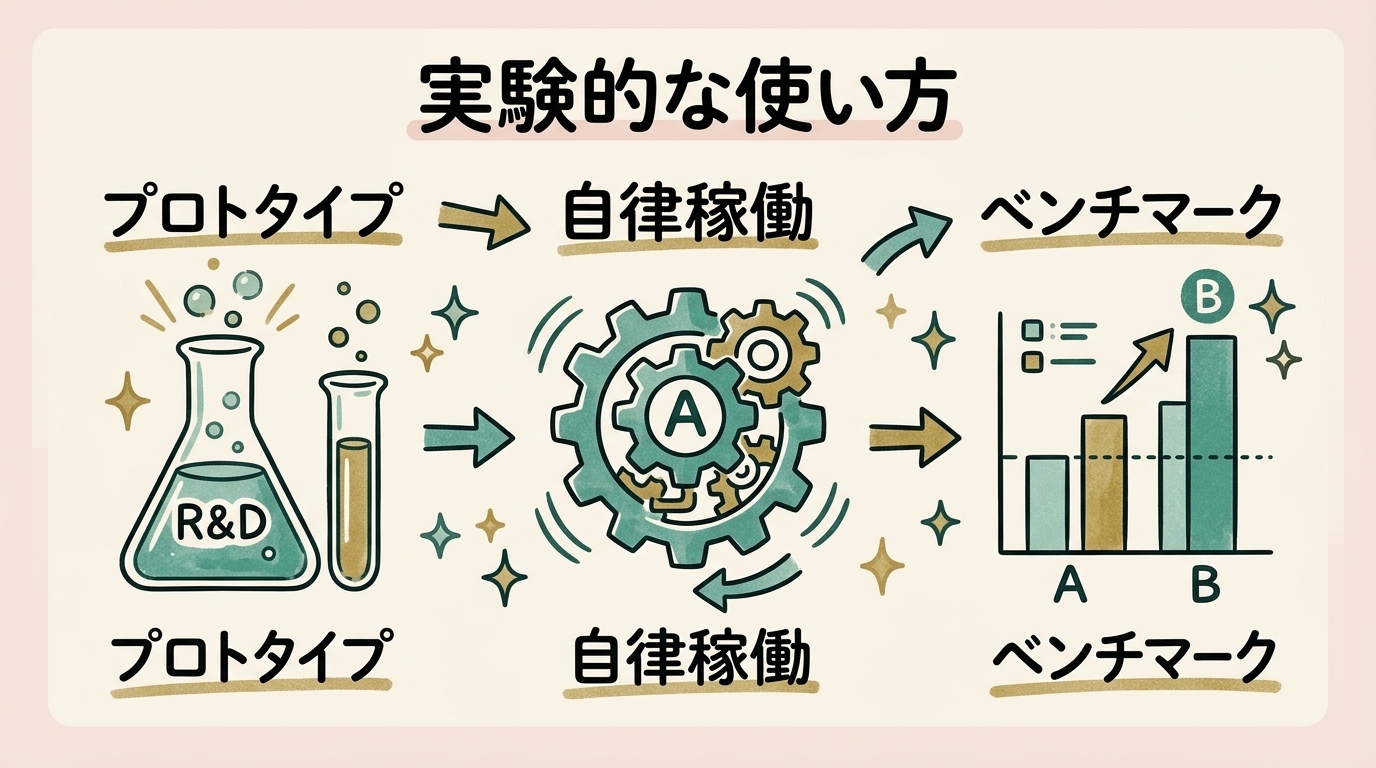 新スキルのプロトタイプ・自律稼働の試験・ベンチマーク比較など実験的な使い方のイメージ