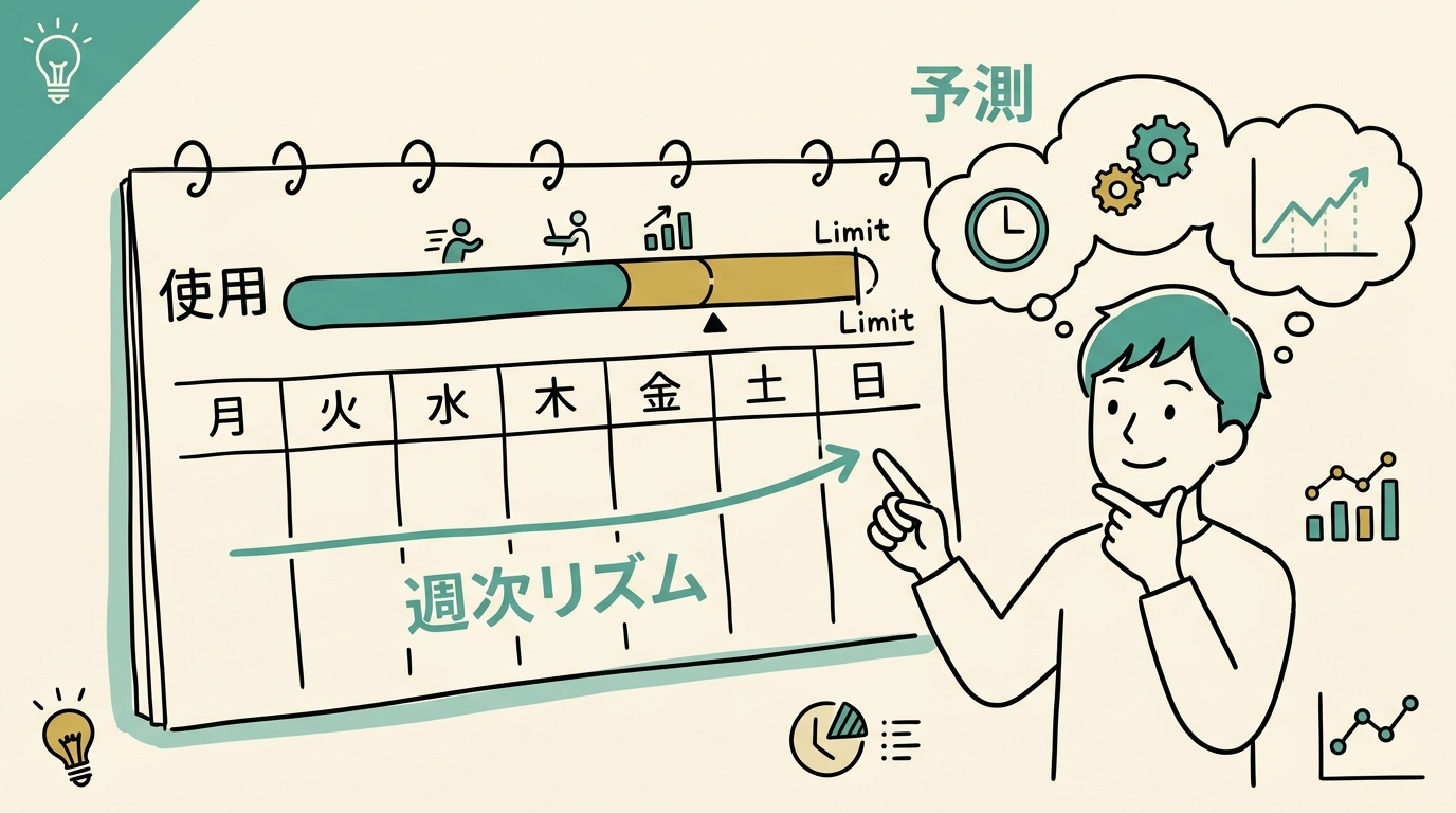 日次・週次のリミット消費を予測しリセット直前の余り時間を逆算するイメージ