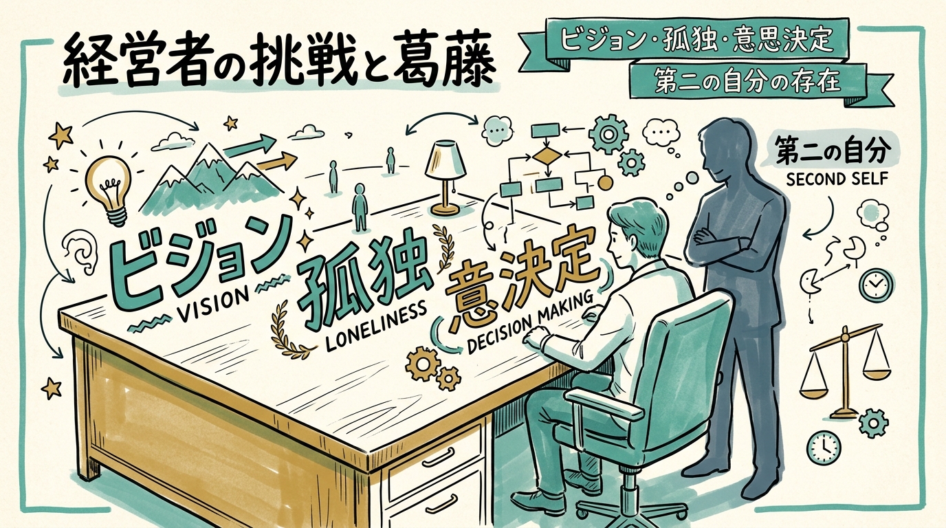 経営者の机に並ぶ「ビジョン」「孤独」「意思決定」のキーワードと、その横に立つ第二の自分のシルエットを描いたグラレコ風の概念図