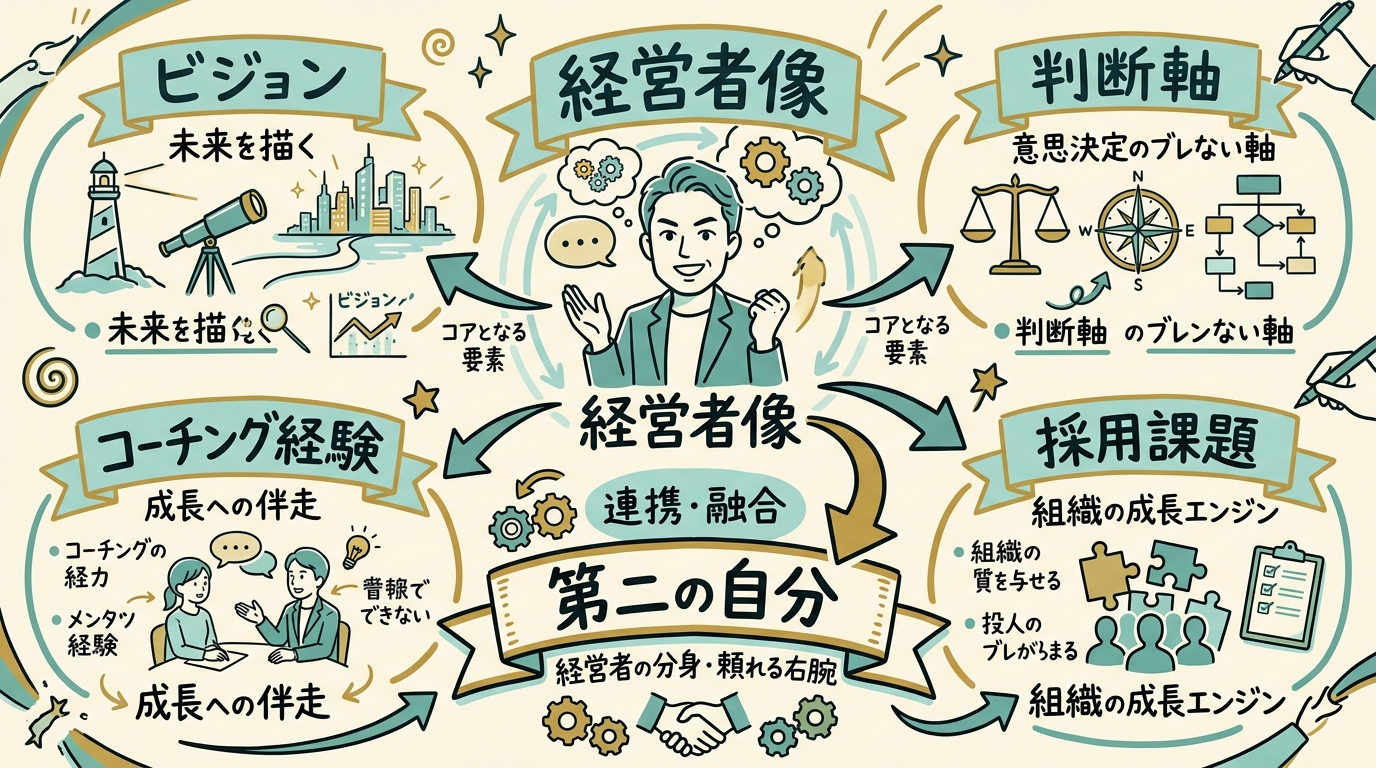 ビジョン・判断軸・コーチング経験・採用課題という4つの要素が中央の経営者像を取り囲み、第二の自分というラベルにつながるグラレコ風の図解