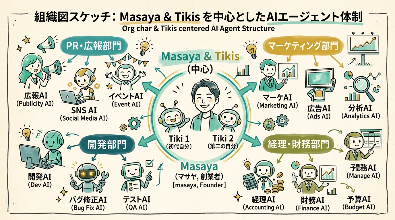 中央にMasayaと最初の第二の自分Tiki、その周囲に広報・開発・経理・マーケなど複数部門のAIエージェントが配置された組織図のスケッチ