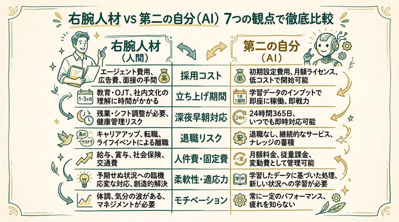 左側に右腕人材、右側に第二の自分（AI）が並び、採用コスト・立ち上げ期間・深夜早朝対応・退職リスクなど7つの観点で比較された対比表のスケッチ