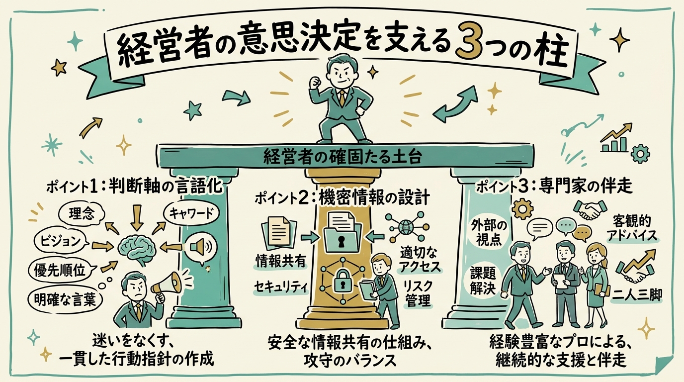ポイント1判断軸の言語化・ポイント2機密情報の設計・ポイント3専門家の伴走という3つの柱が経営者の足元を支えているグラレコ風の図解