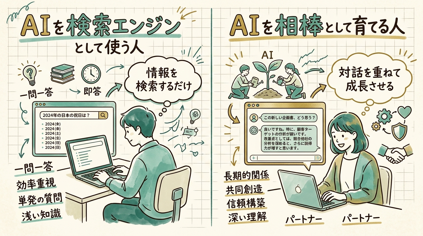 ChatGPTを検索エンジン的に使う人と、AIを相棒として育てる人の対比イラスト。机の上のノートPCに向かって、片方は単発の質問を投げ、もう片方は対話を重ねている様子
