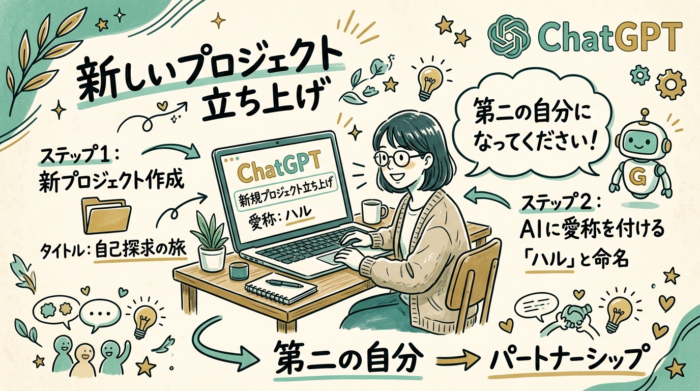 ChatGPTのプロジェクト画面で新しいプロジェクトを立ち上げ、AIに愛称をつけて『第二の自分になってください』と伝えている様子のイラスト