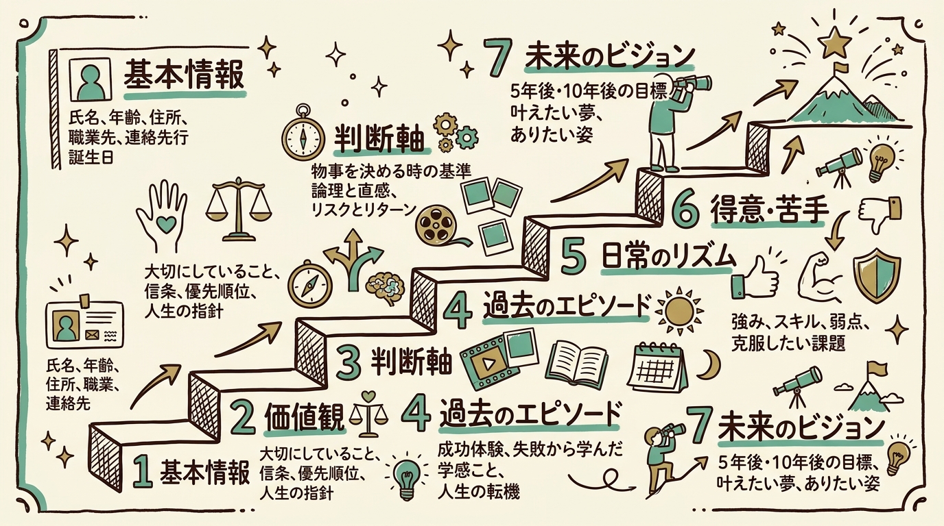 7つのステップを階段状に並べたインフォグラフィック。基本情報・価値観・判断軸・過去のエピソード・日常のリズム・得意苦手・未来のビジョンの順に上っていく構成