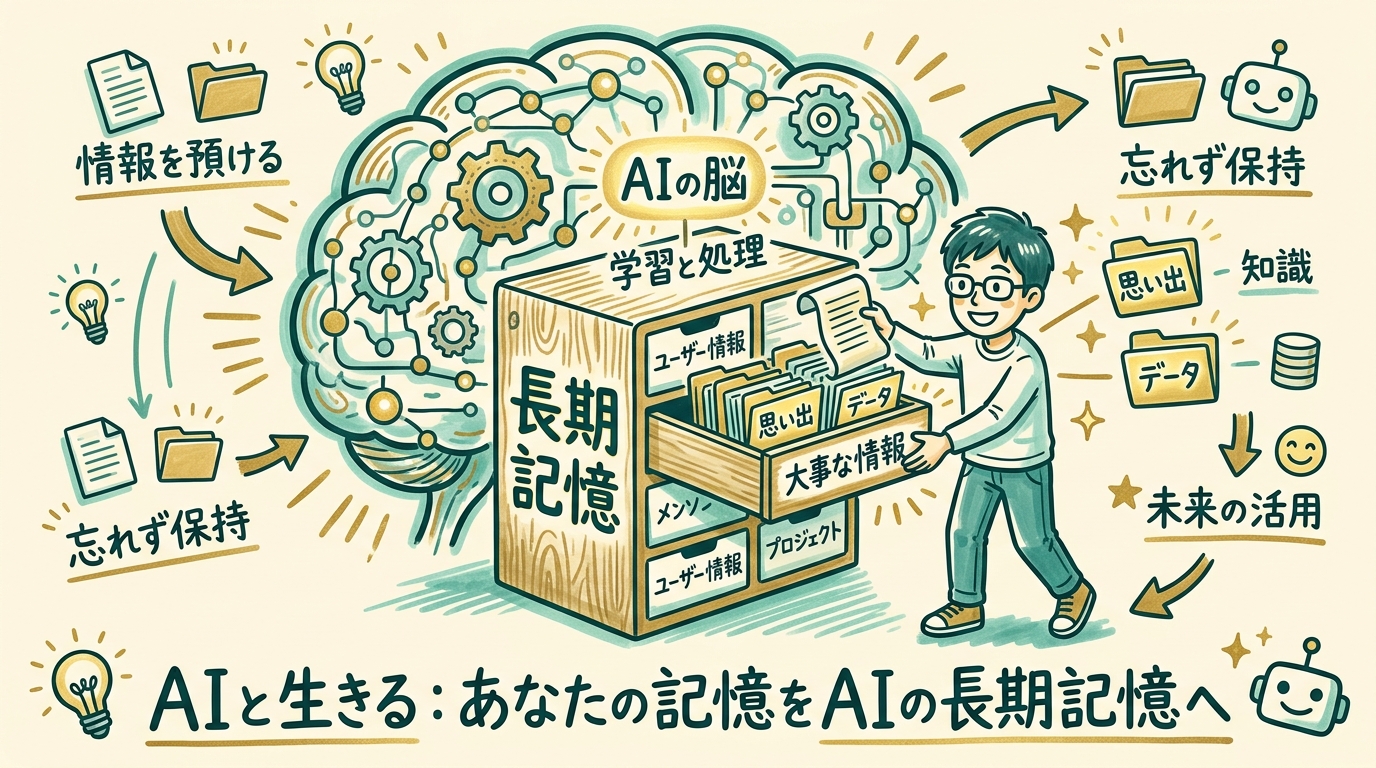 AIの脳の中に「メモリ」と書かれた長期記憶のひきだしがあり、ユーザーが大事な情報をひきだしに入れている様子を描いたグラフィックレコーディング