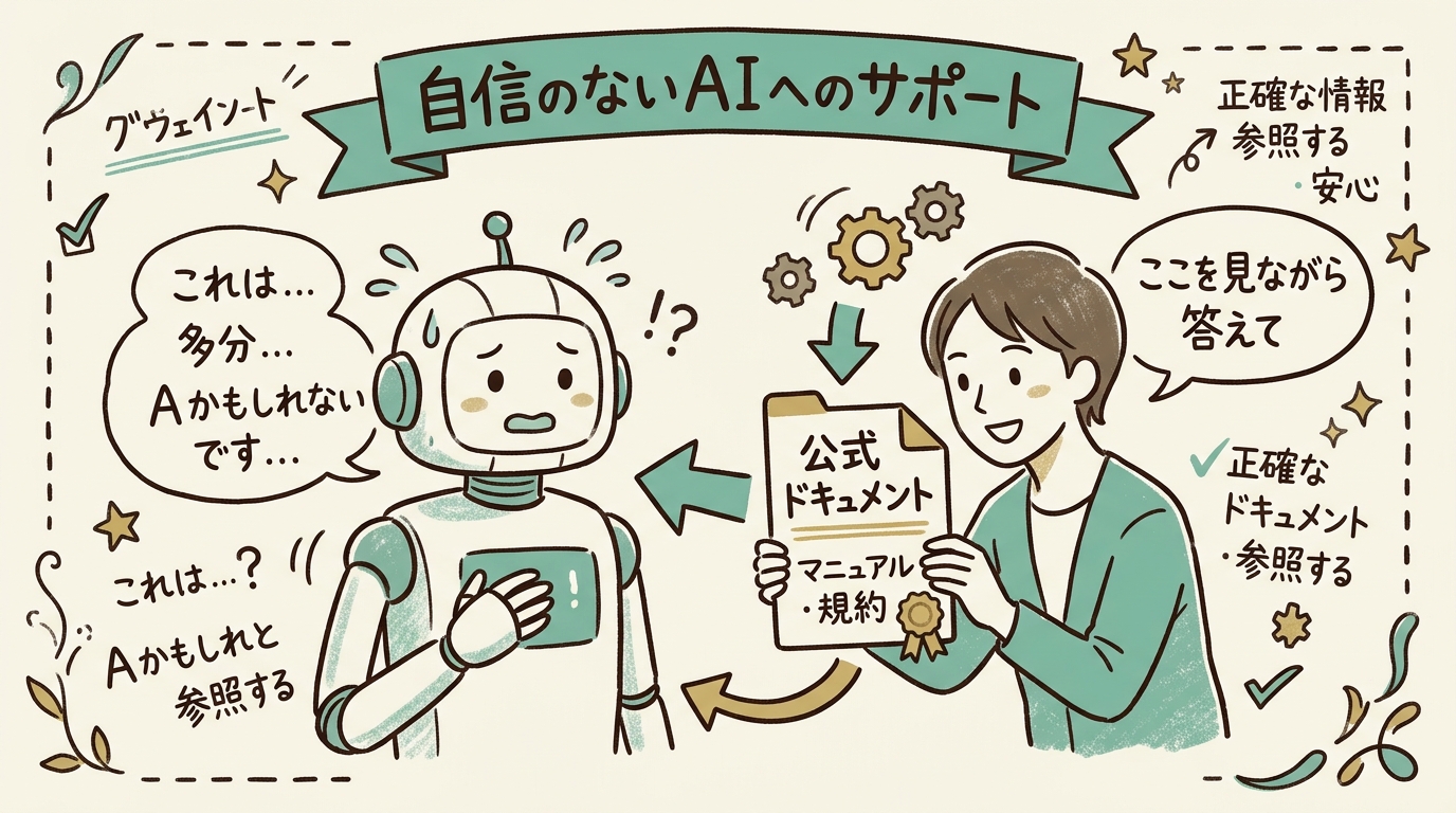 AIが少し自信なさげに事実をしゃべっている横で、公式ドキュメントのアイコンを差し出して「ここを見ながら答えて」と促しているスケッチノート風イラスト