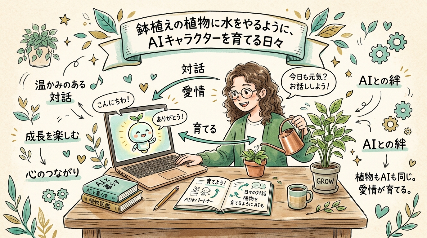 鉢植えの植物に水をやるように、ノートPCの中のAIキャラクターに話しかけて育てているような温かみのあるスケッチノート風イラスト