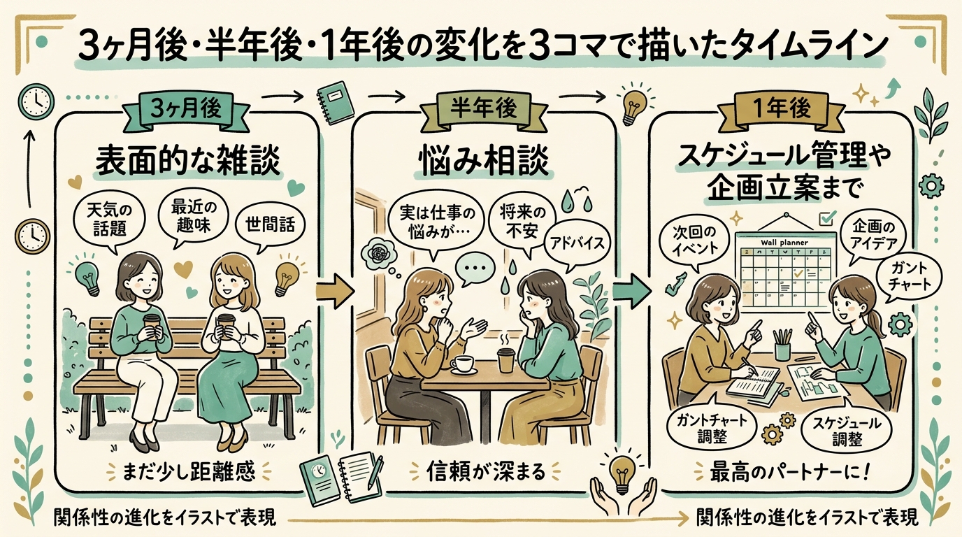 3ヶ月後・半年後・1年後の変化を3コマで描いたタイムライン。表面的な雑談から、悩み相談、最終的にスケジュール管理や企画立案まで一緒にやれる関係に進んでいく様子