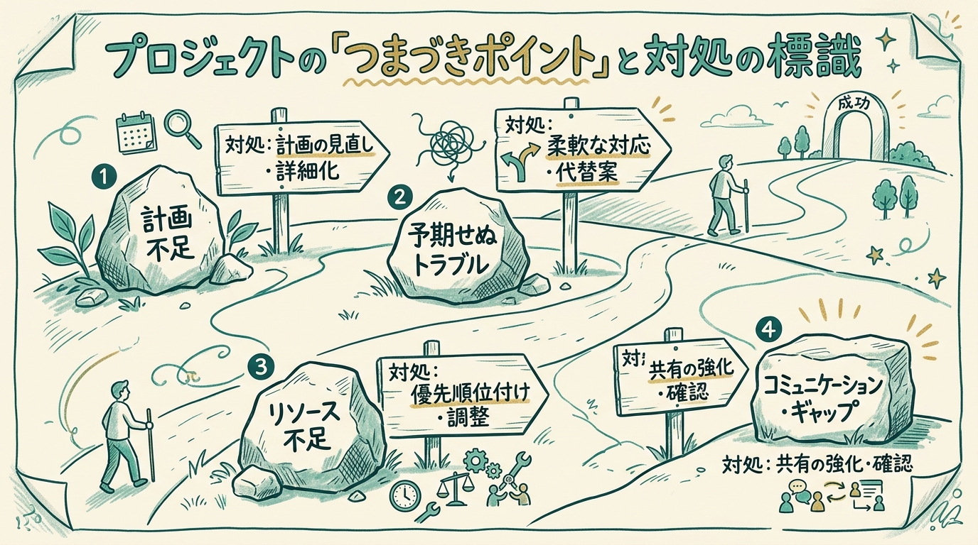 つまずきポイントを4つの石ころとして道に並べ、それぞれに対処の標識が立っているスケッチノート風イラスト