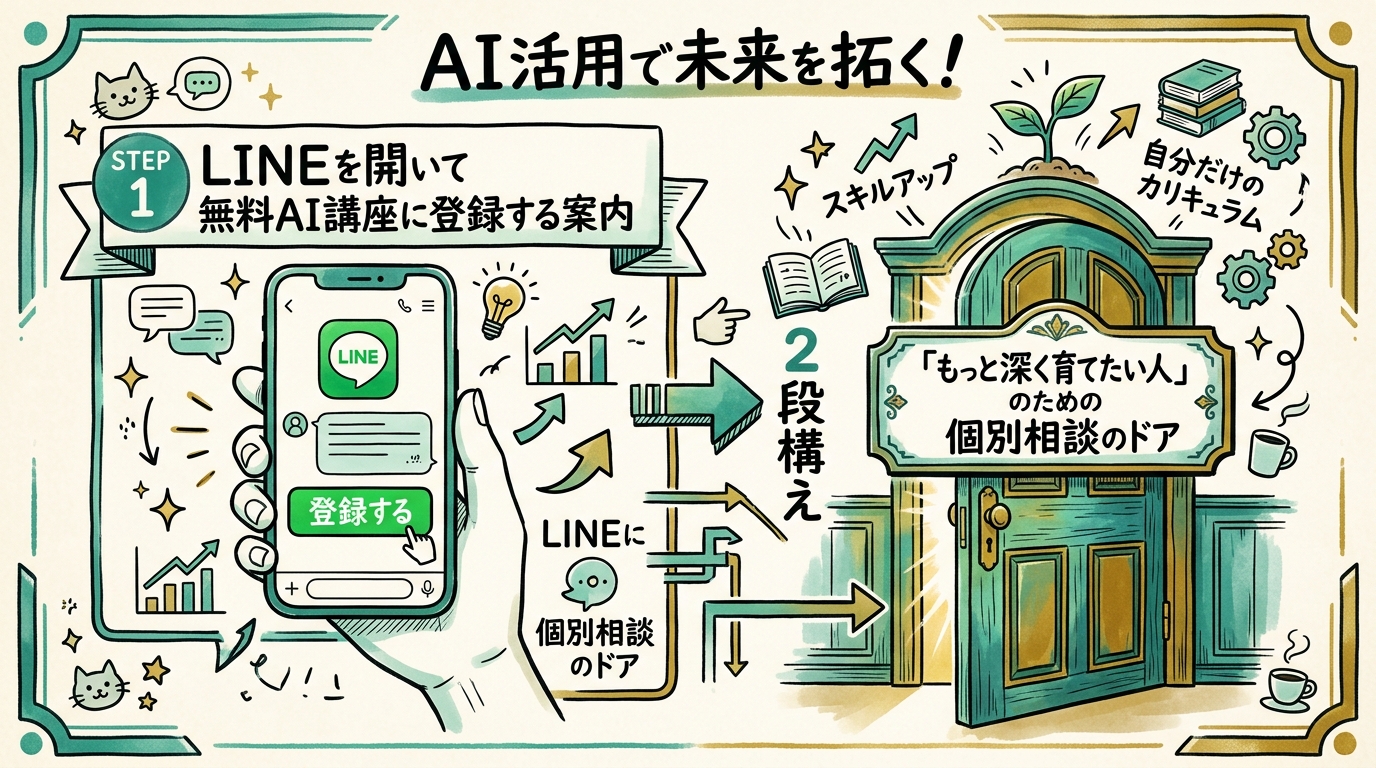 LINEを開いて無料AI講座に登録する案内と、その奥に「もっと深く育てたい人」のための個別相談のドアがある2段構えのイラスト