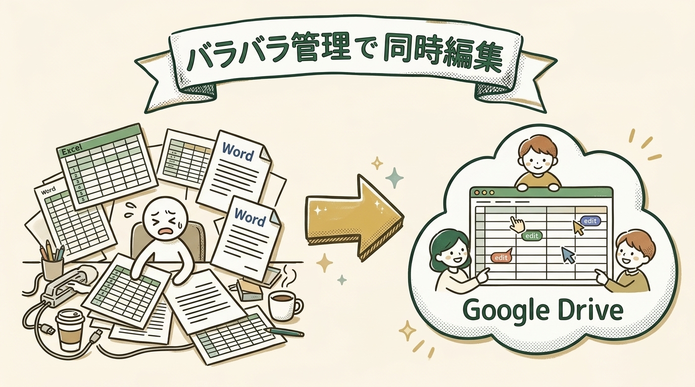 ローカルのExcelとWordが机に散らばっている状態から、Google Drive上で同じファイルをみんなで同時編集している様子へと移行するイラスト