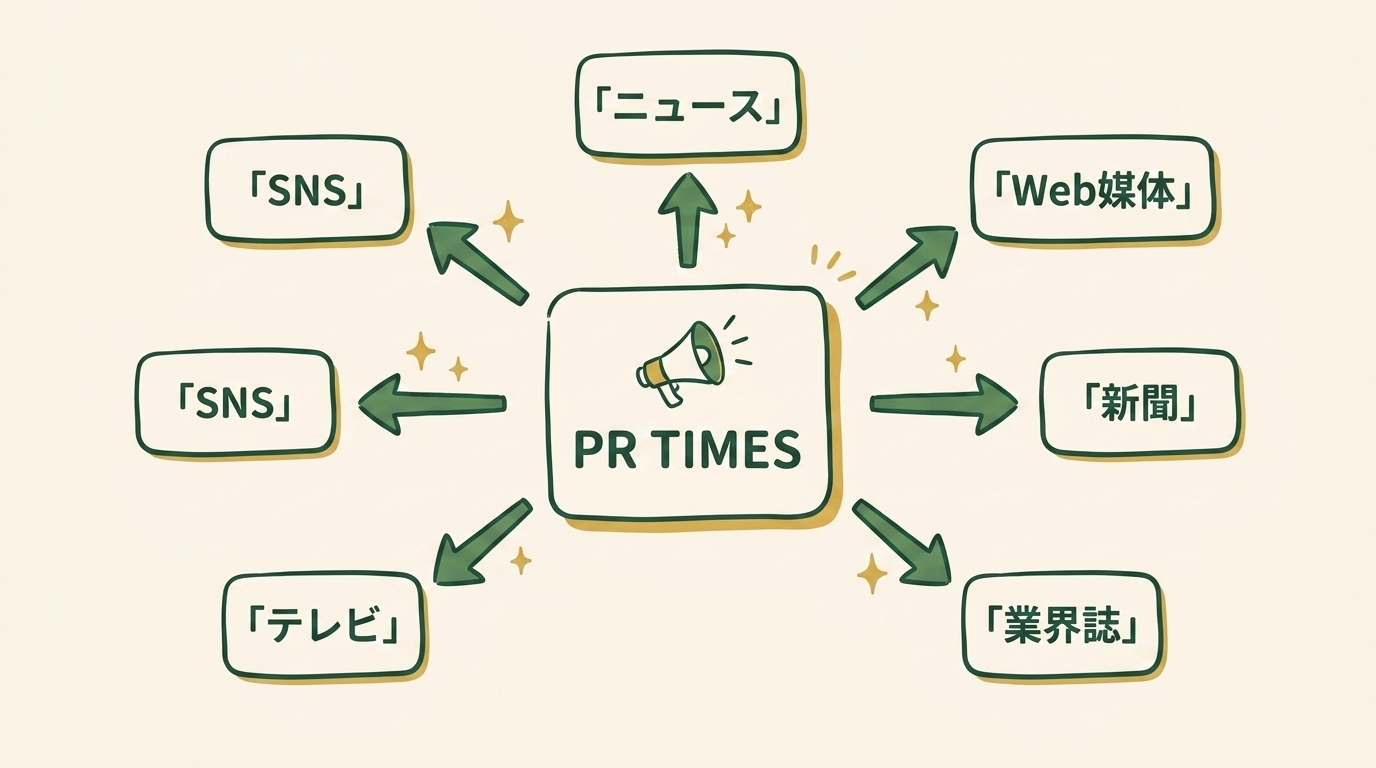 団体の活動報告のプレスリリースが PR TIMES から複数のメディアに同時配信されていく様子のイラスト