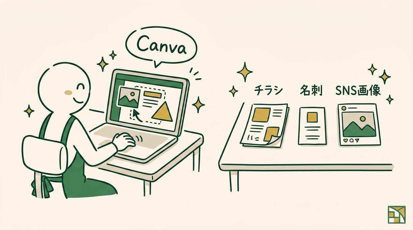 団体のスタッフがCanvaの画面でチラシと名刺をドラッグ＆ドロップで作っているイラスト。完成したチラシ・名刺・SNS画像が机に並んでいる