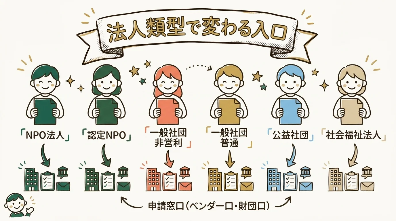 NPO法人と一般社団法人で申請先が分かれる様子を示す図