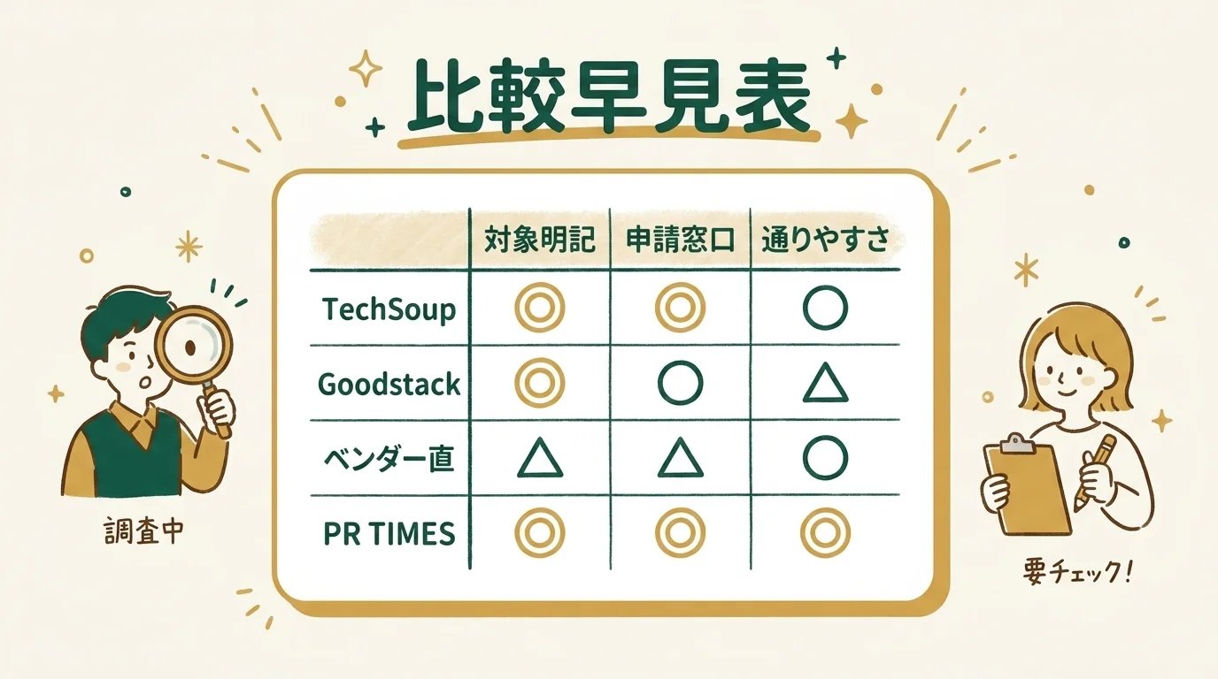 主要制度を申請窓口と対象条件で比較する表のイメージ