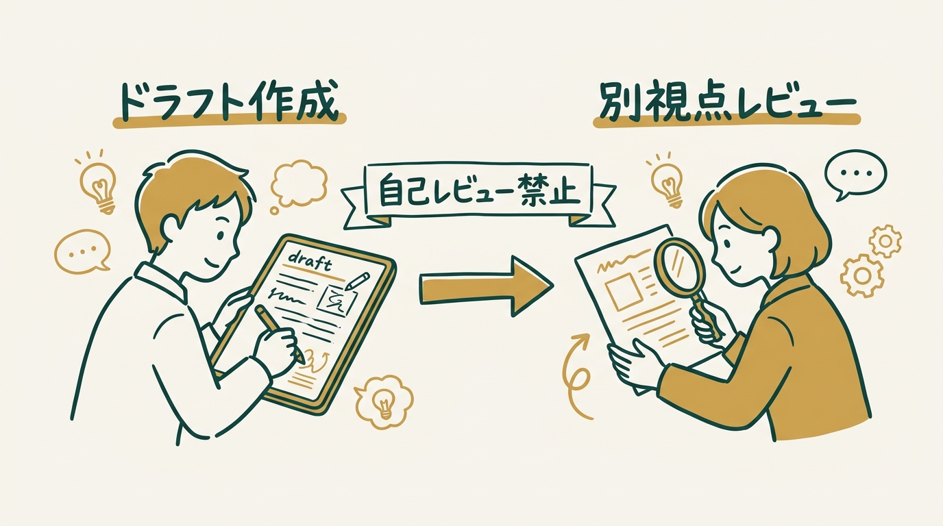 左側にドラフトを書いているWorkerキャラクター、右側にそれを別の視点からレビューしているReviewerキャラクター。間に矢印と「自己レビュー禁止」の注意書きが描かれているスケッチノート風イラスト