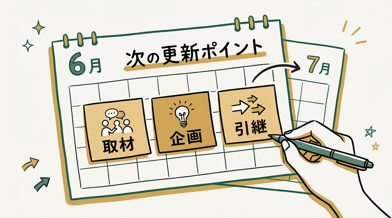 カレンダーの6月のページに「次の更新ポイント」として3つのトピックが付箋で貼られているスケッチノート風イラスト。次月への引き継ぎが伝わる構図