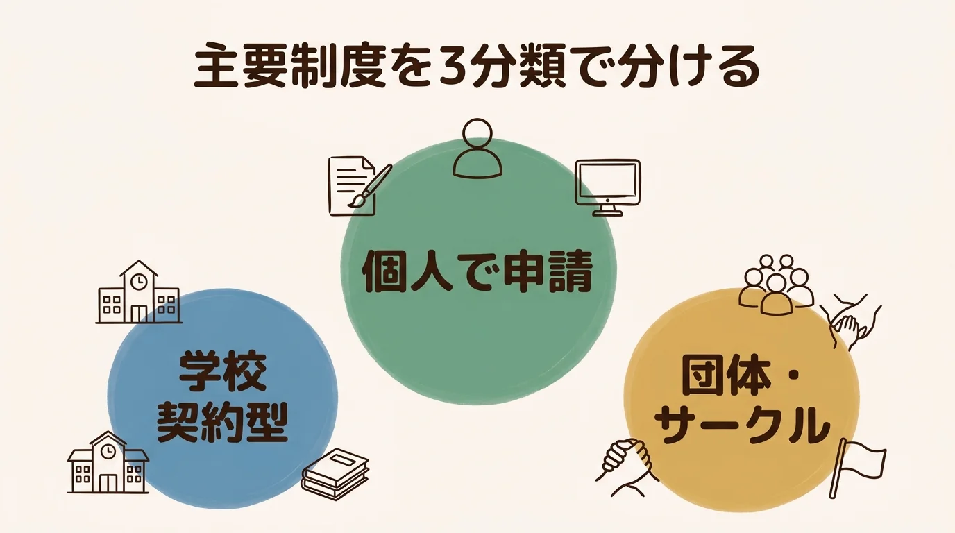 個人で申請しやすい制度・学校契約型・団体・学校寄りの3分類イメージ
