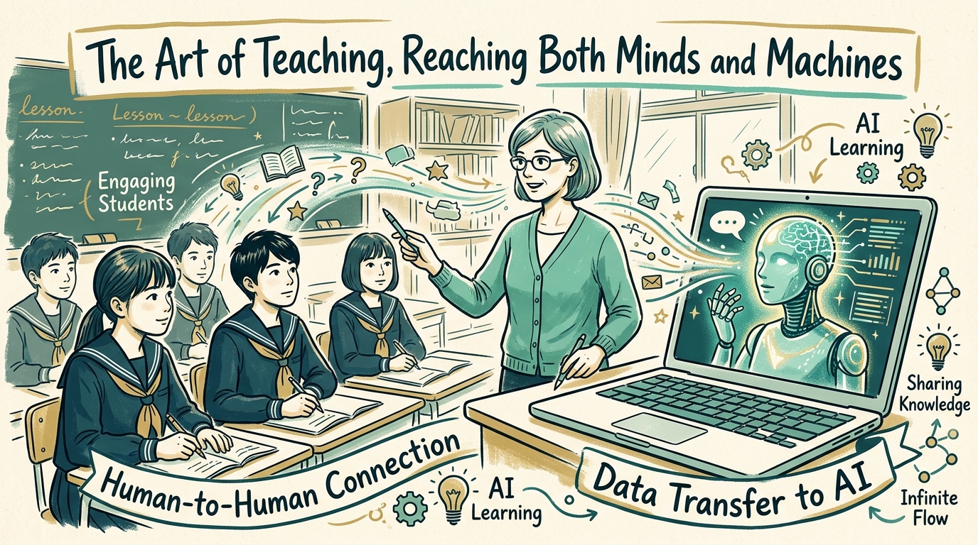 教室で生徒に教える先生が、同じ姿勢でノートPCの中のAIにも語りかけているイメージ。教えるという行為がAIにも届く構図