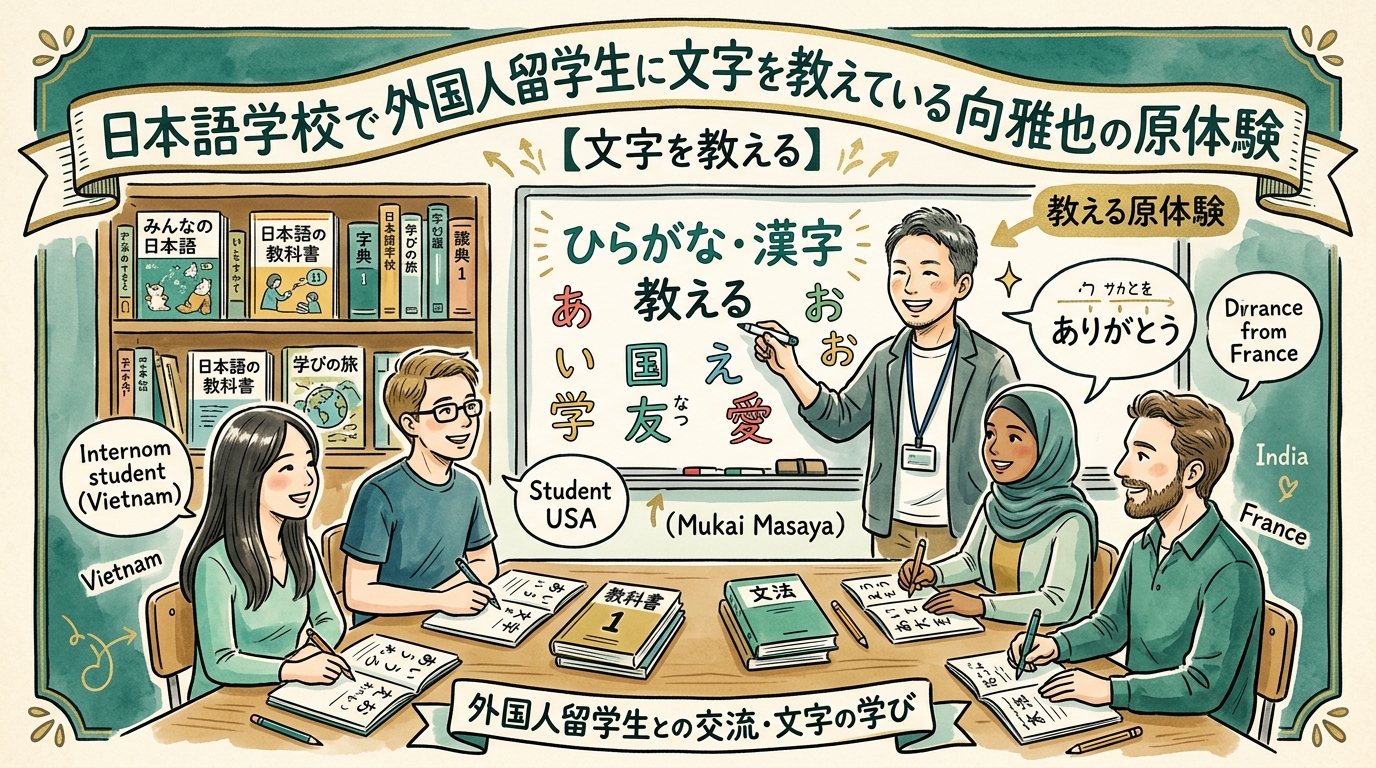 日本語学校で外国人留学生に文字を教えている向雅也のイメージ。背景に教科書とホワイトボード、教えるという原体験を表す