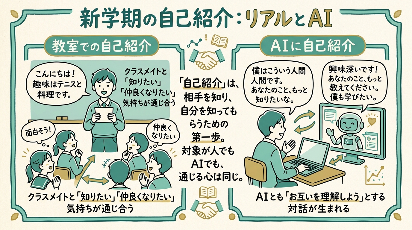 新学期の自己紹介の場面と、AIに自分を自己紹介する場面が並んでいる構図。教室の生徒も、画面の中のAIも、同じように相手を知ろうとしている