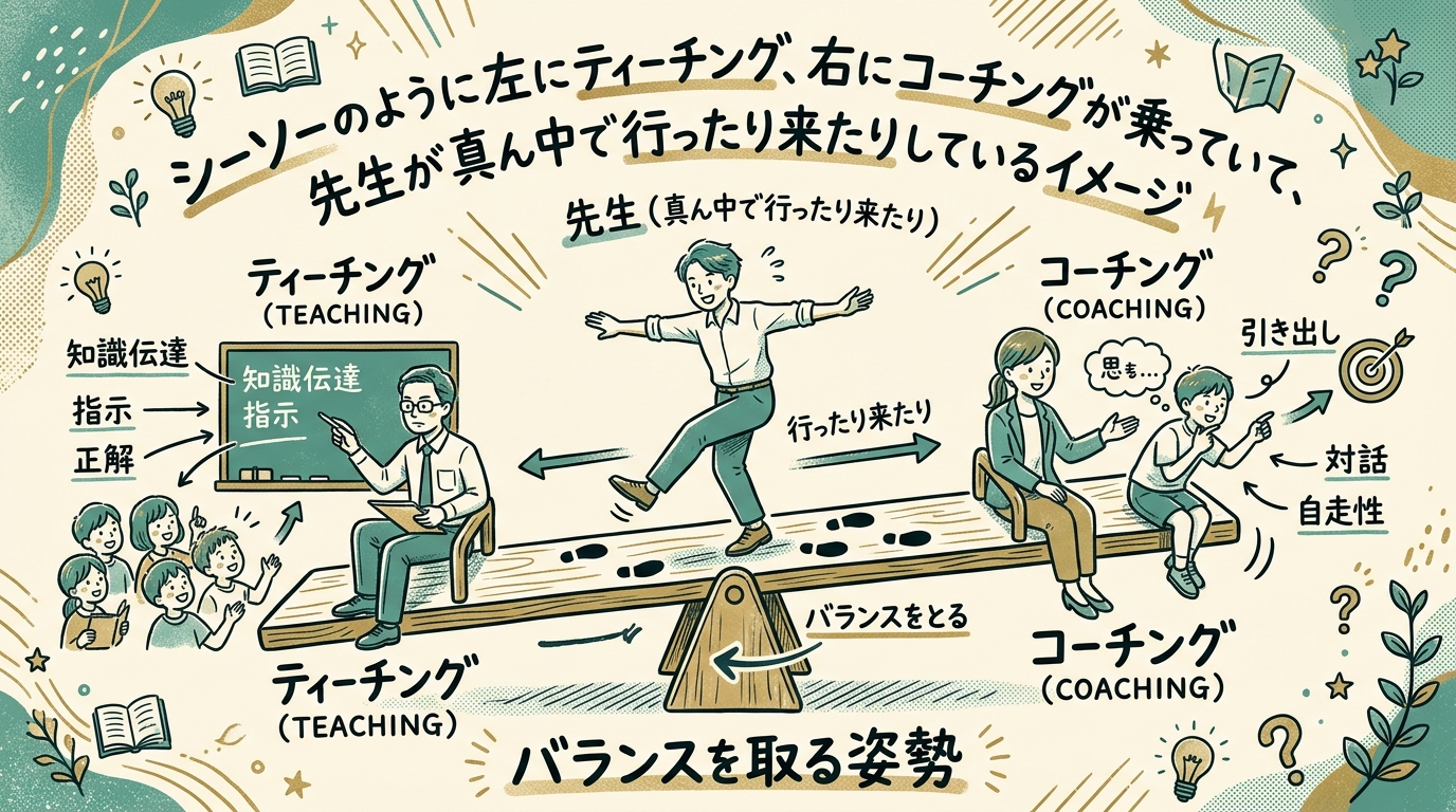 シーソーのように左にティーチング、右にコーチングが乗っていて、先生が真ん中で行ったり来たりしているイメージ。バランスを取る姿勢を表す