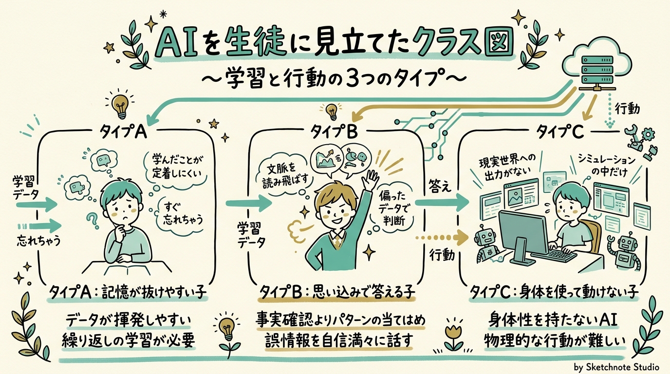 AIを生徒に見立てたクラス図。記憶が抜けやすい子・思い込みで答える子・身体を使って動けない子の3人として描かれているイメージ