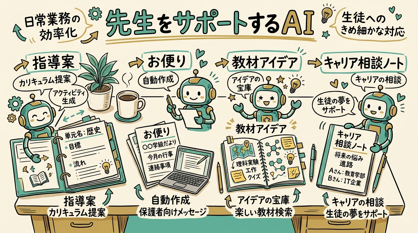 先生の机の上に、指導案・お便り・教材アイデア・キャリアの相談ノートが並んでいて、AIがそれぞれを横でサポートしているイメージ