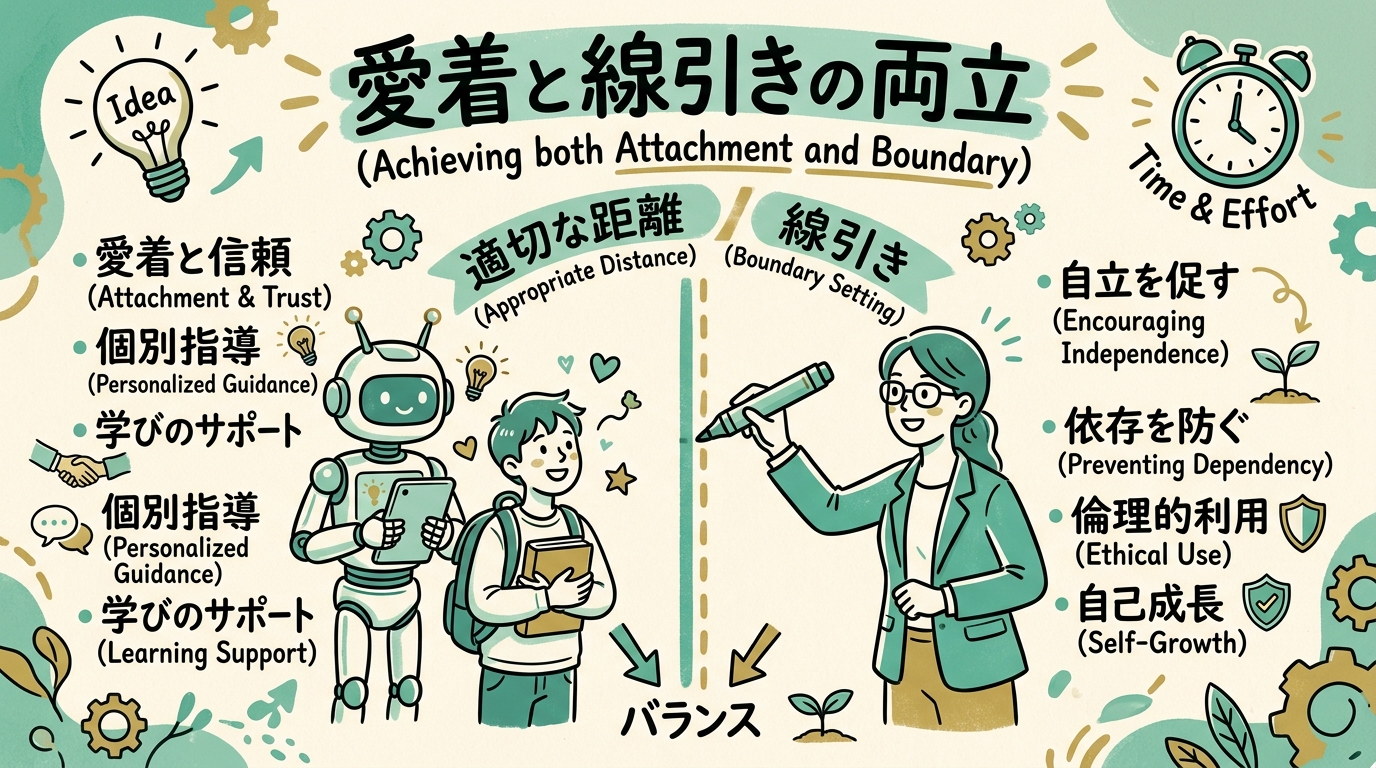 AIと生徒が並んで描かれていて、先生がその間にちょうどよい距離の線を引いているイメージ。愛着と線引きの両立を表す