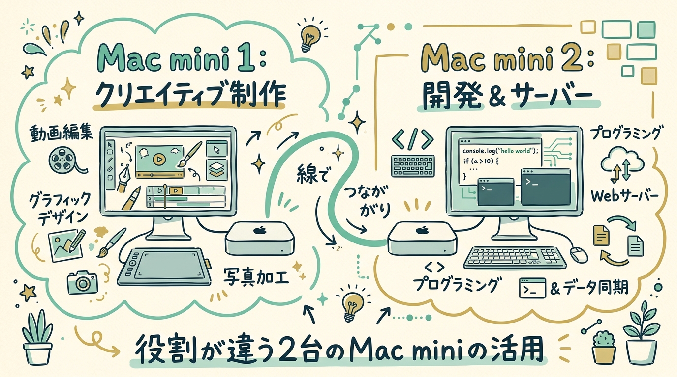 役割が違う2台のMac miniが線でつながり、それぞれの作業領域が分かれているイラスト