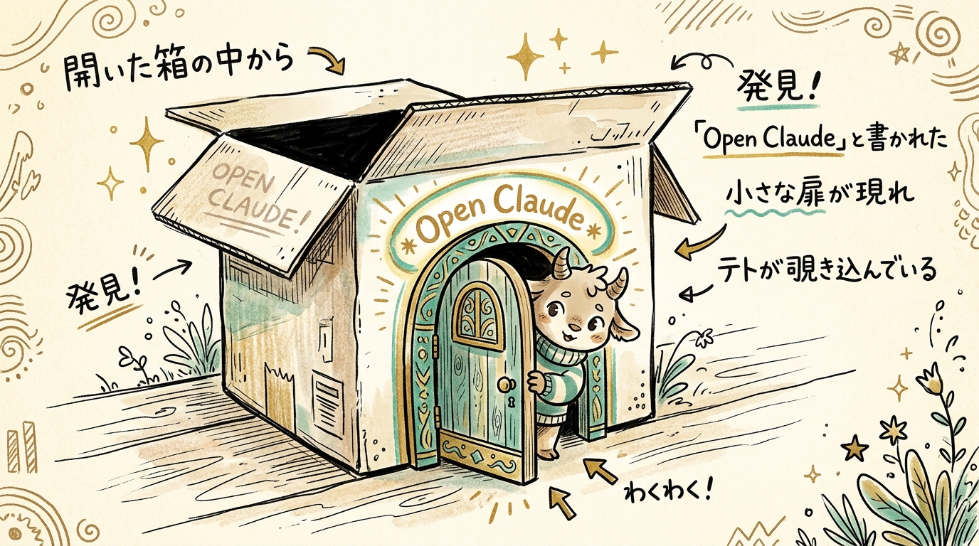 開いた箱の中から「Open Claude」と書かれた小さな扉が現れ、テトが覗き込んでいるイラスト