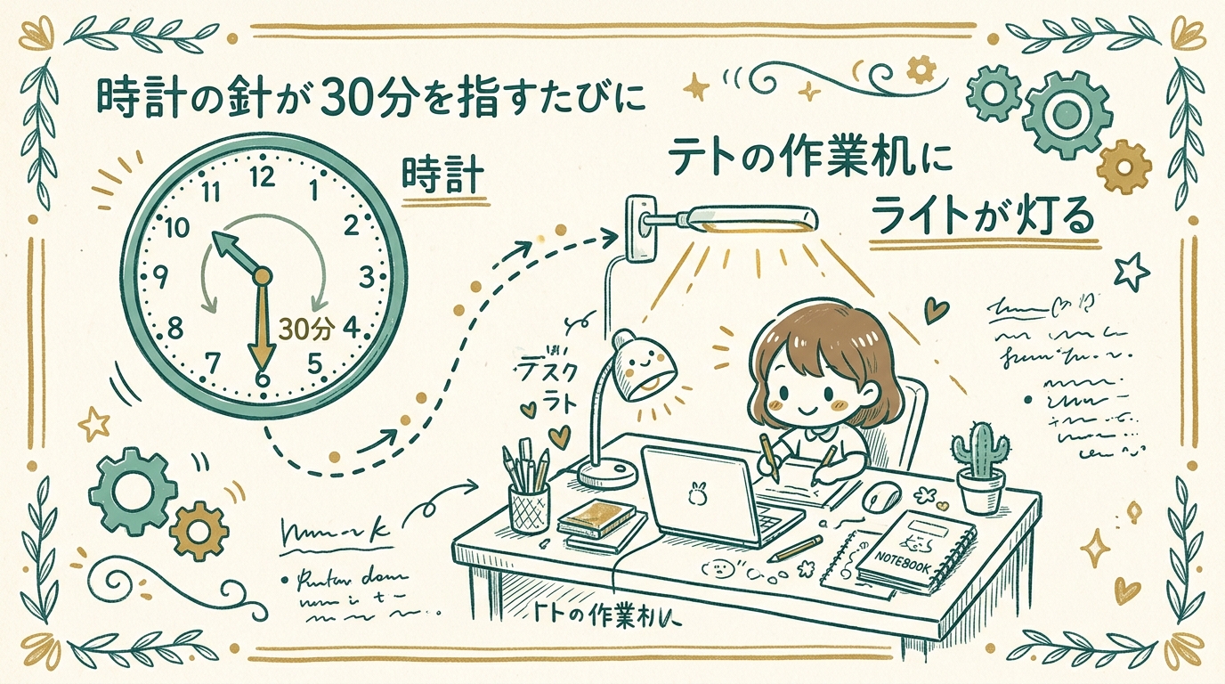 時計の針が30分を指すたびに、テトの作業机にライトが灯るイラスト