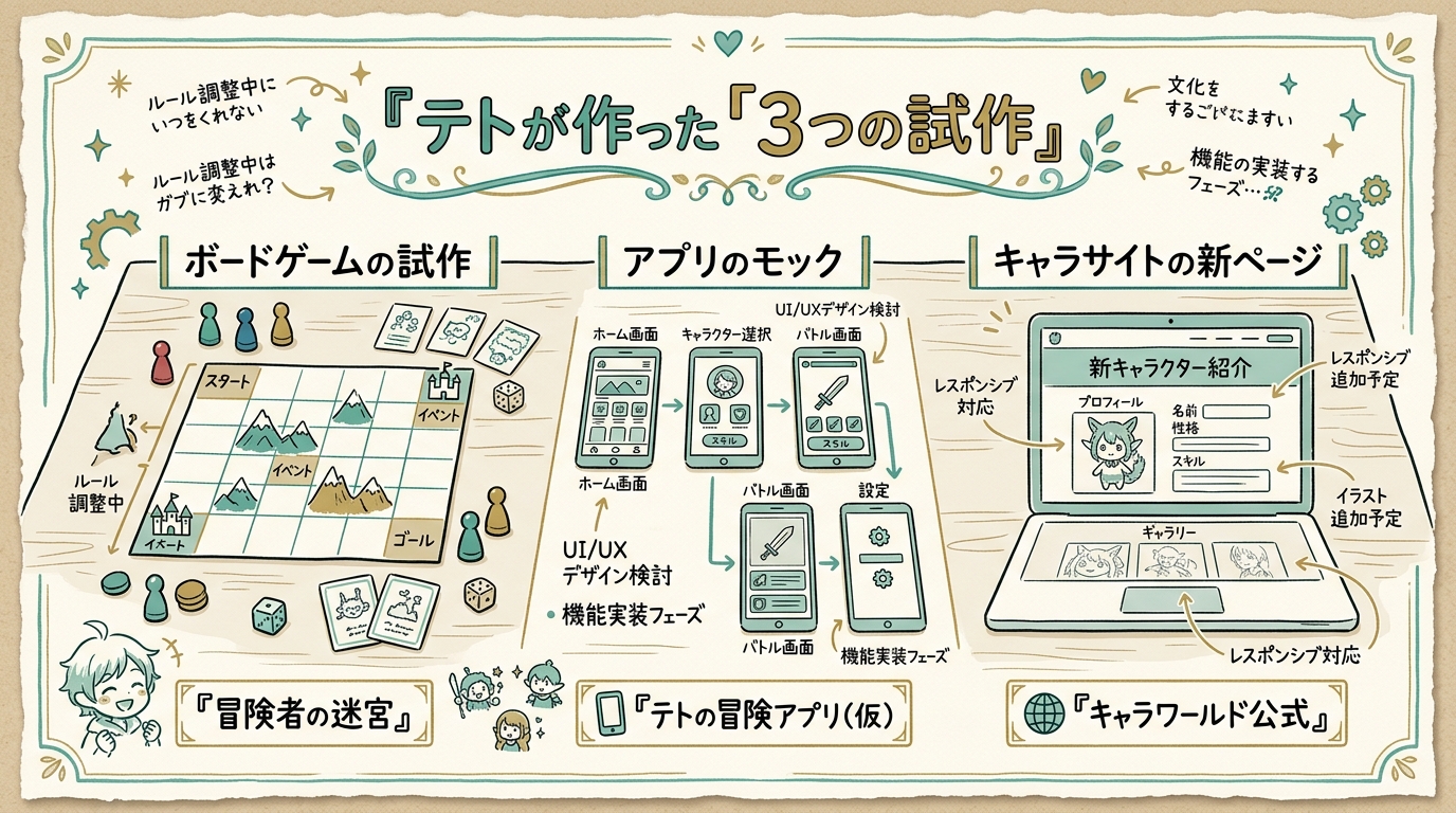 テトが作った『ボードゲームの試作』『アプリのモック』『キャラサイトの新ページ』が机に並んでいるイラスト